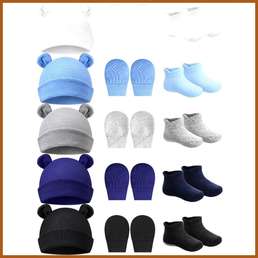 Cotton Newborn Hat Bear Ears Mittens Socks Set 0-6 Months